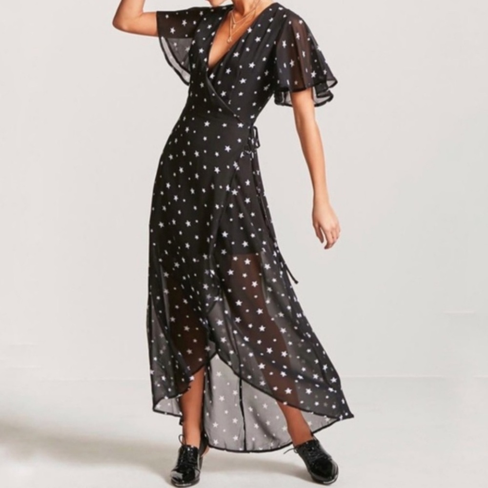 Black and Star Printed Wrap Dress